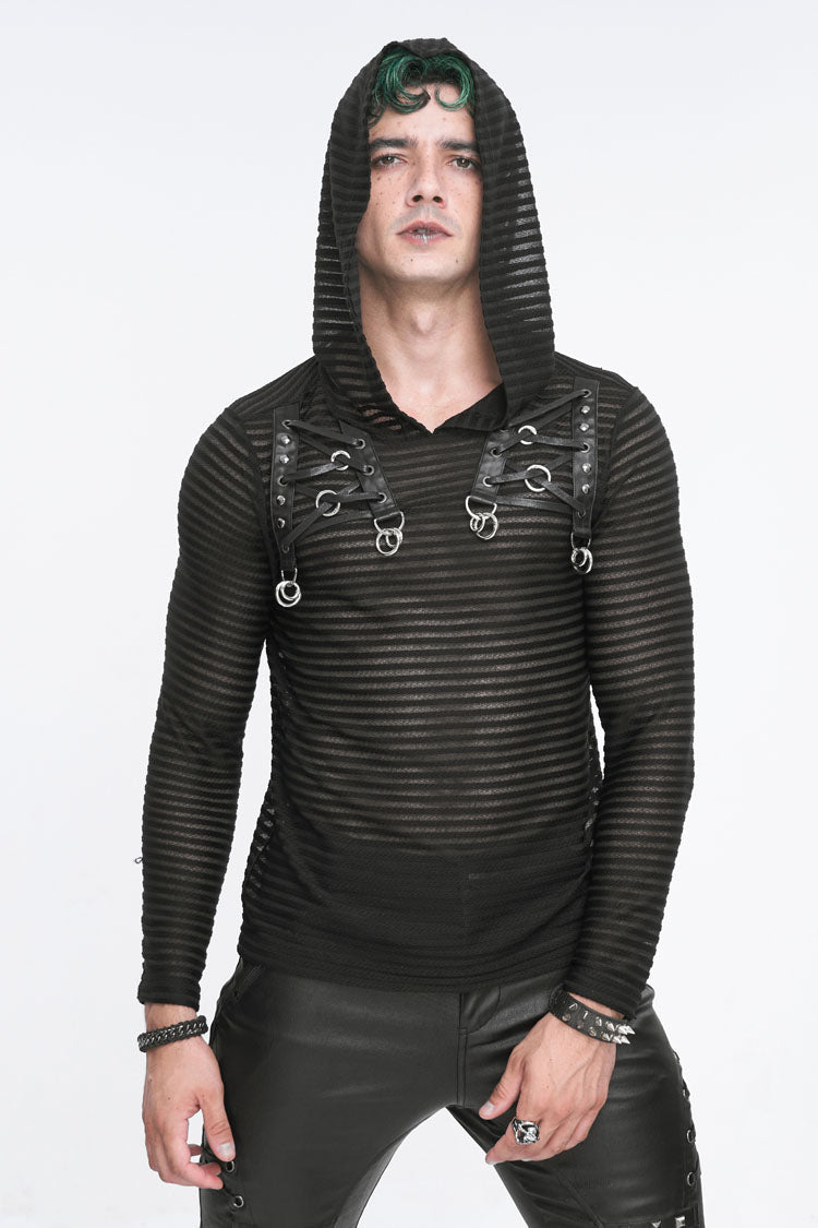Black Striped Sheer Long Sleeve Punk Sweatshirt Hooded