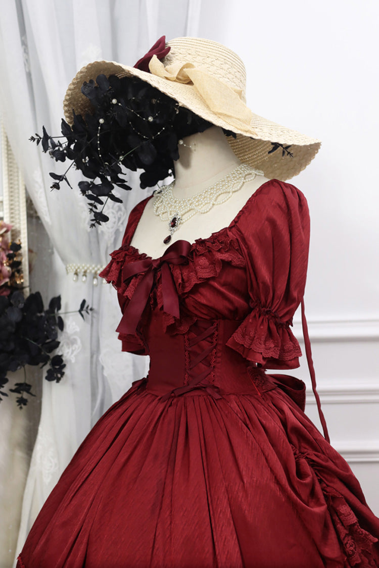 Red Short Puff Sleeves Multi-layered Ruffle Bowknot Classic Lolita Dress