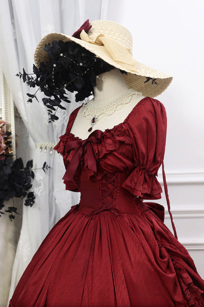 Red Short Puff Sleeves Multi-layered Ruffle Bowknot Classic Lolita Dress