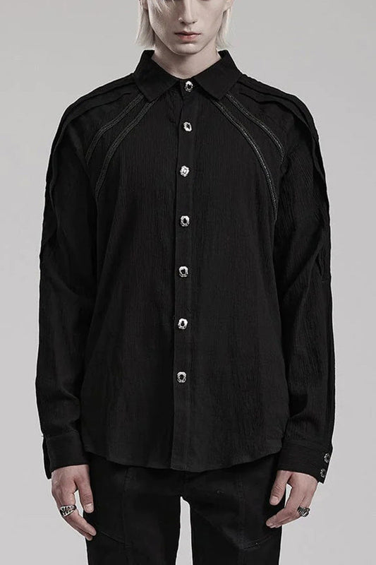 Black Lapel Collar Long Sleeves Metal Buttons Webbing Decoration Gothic Blouse