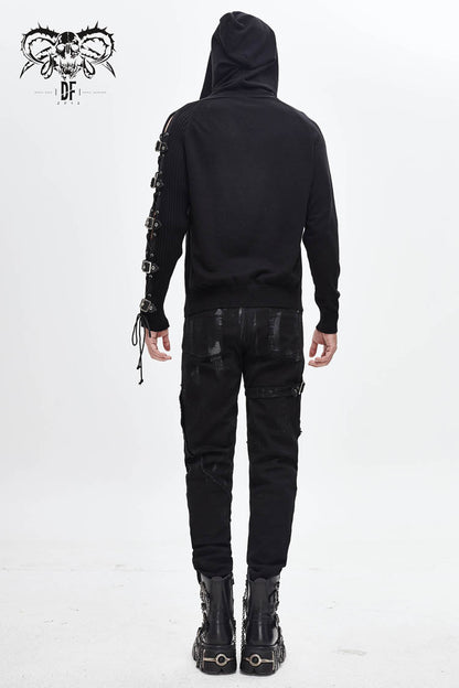 Black Asymmetrical Sleeves Leather Loop Lace-up Hooded Punk Sweater