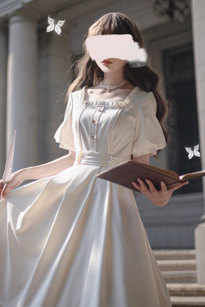 Apricot [random Thoughts] Square Collar Short Sleeves Ruffle Classic Lolita Dress