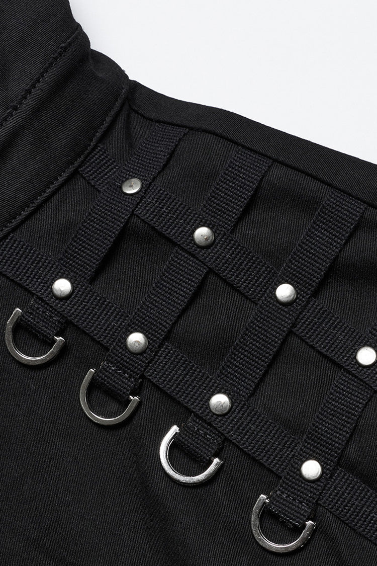 Black Lapel Collar Long Sleeves Rings Punk Blouse