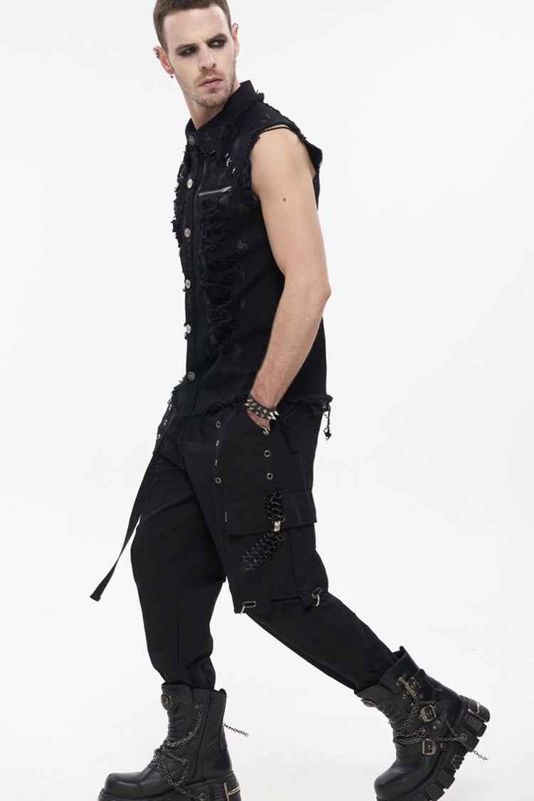 Black Punk Standing Collar Irregular Hand-painted Sleeveless Metal Decoration Tattered Shirt