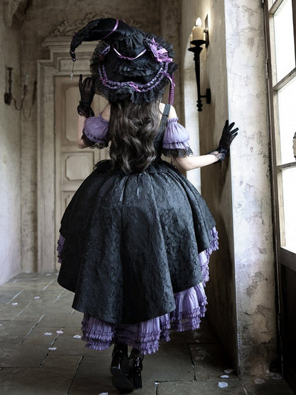 [pre-order Deadline: April 28] Purple X Black Gothic Lolita Corset Layered Jsk Dress + Off-shoulder Lace Puff Top