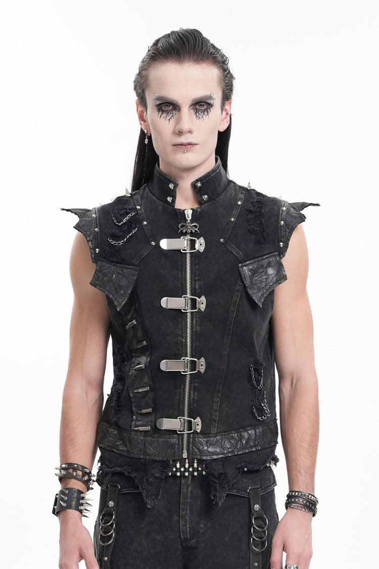 Black Stand Collar Sleeveless Rivets Chain Rings Gothic Vest