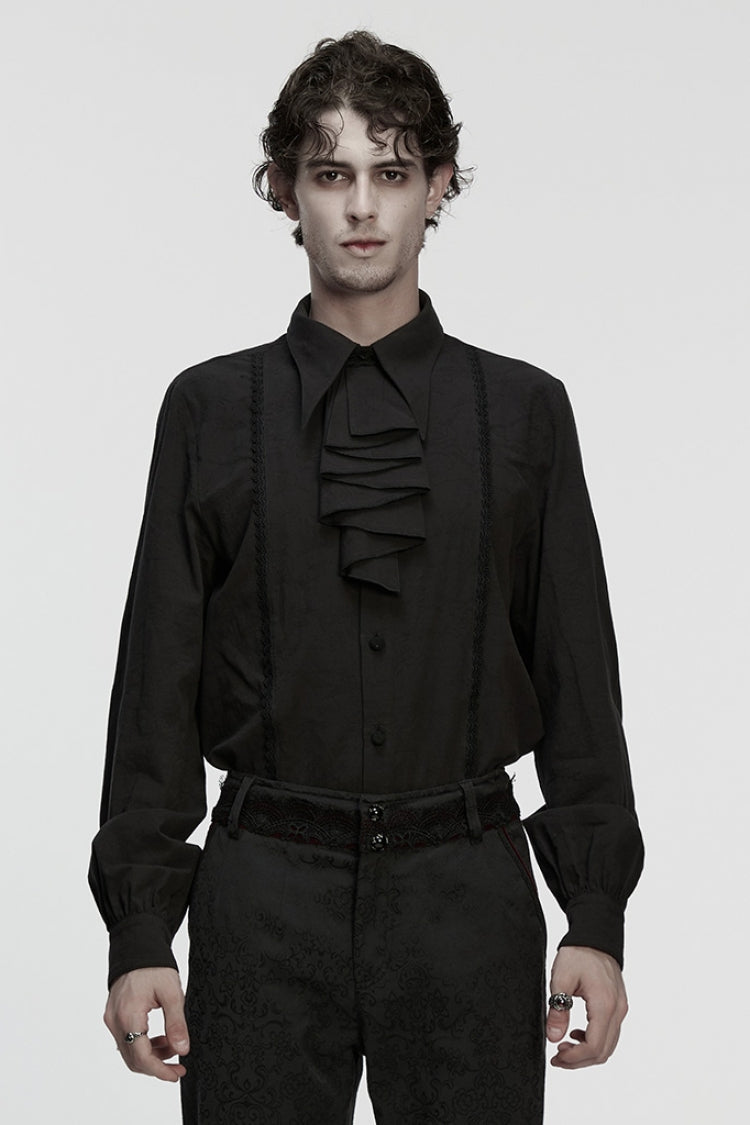 Black Lapel Collar Long Puff Sleeves Gothic Blouse With Detachable Necktie White
