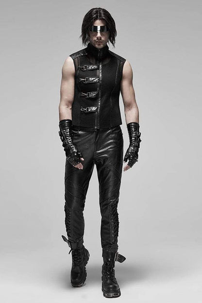 Black Punk Rough No Elasticity Woven Mesh Metal Buckle Belts Decoration Perspective Sleeveless Metal Zipper Vest
