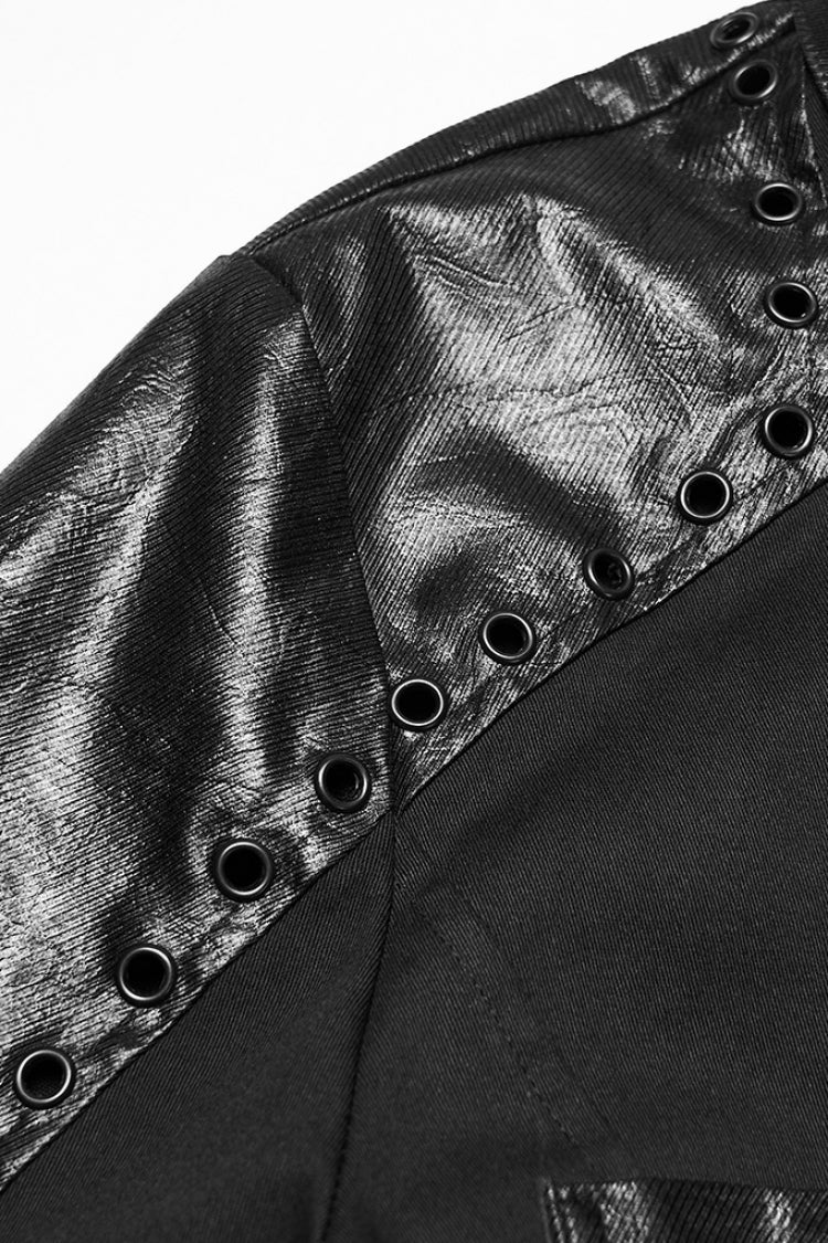 Black Lapel Collar Long Sleeves Stitching Eyelet Punk Blouse
