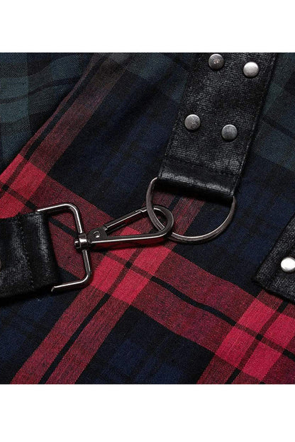 Red/green Punk Plaid Simple Leather Loops Cotton Asticity Shirt