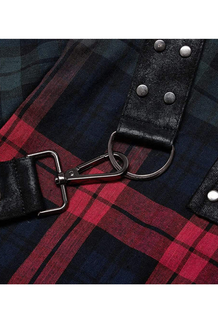 Red/green Punk Plaid Simple Leather Loops Cotton Asticity Shirt