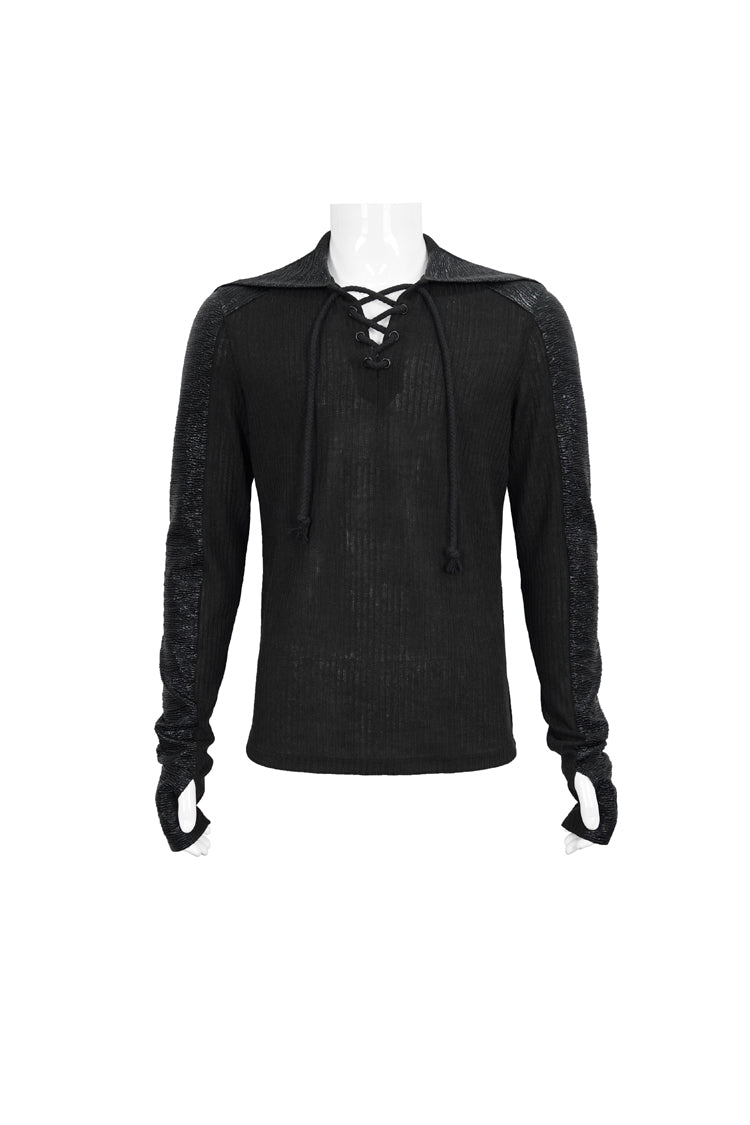 Black Dark Tether V-neck Panel Knit Hooded Punk T-shirt