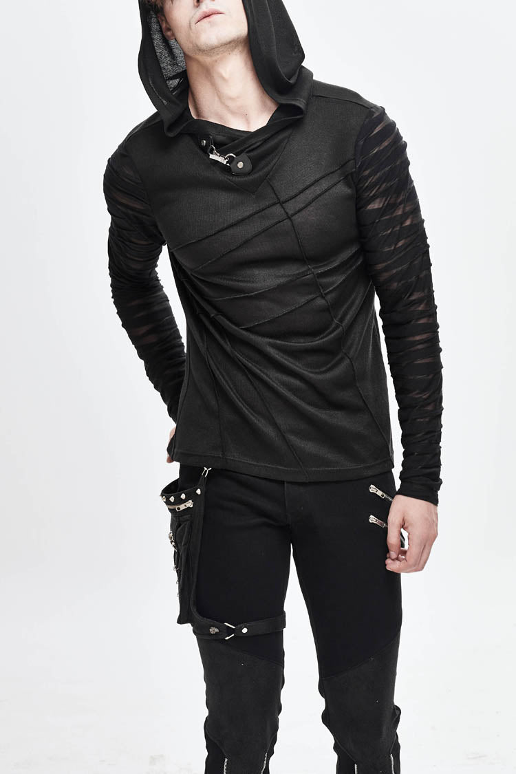Black Collar Metal Button Irregular Striped Patchwork Bandage Hooded Punk T-shirt