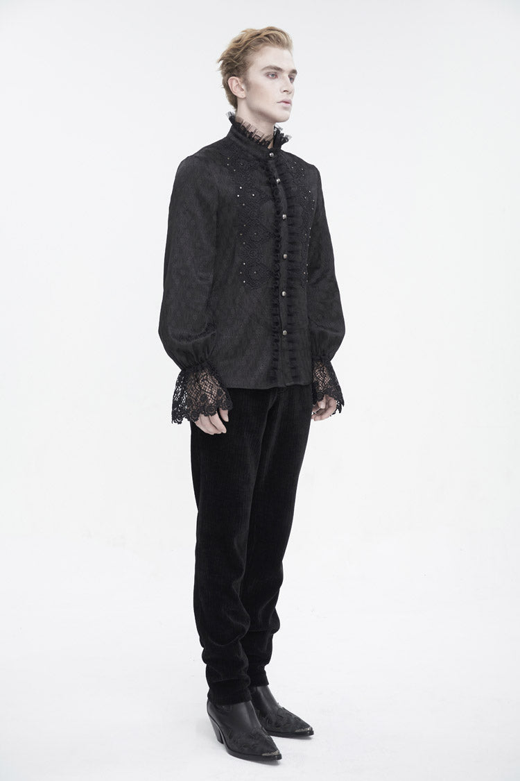 Black Stand Collar Puff Sleeved Lace Splice Gothic Shirt