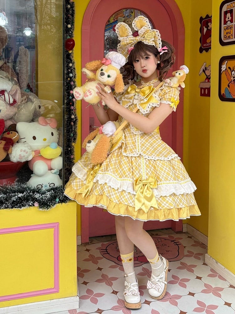 [pre-order Deadline: May 10] Blue/yellow/pink Sweetheart Lolita Ribbon Puff Sleeve Tiered Dress + Bunny Ear Full Set + Cat Ear Full Set