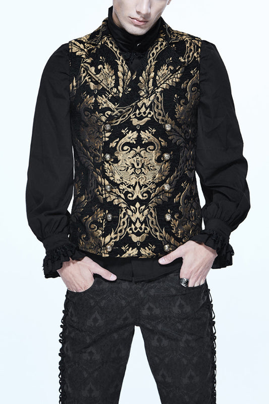 Black/gold Short Big Jacquard Pattern Gothic Waistcoat