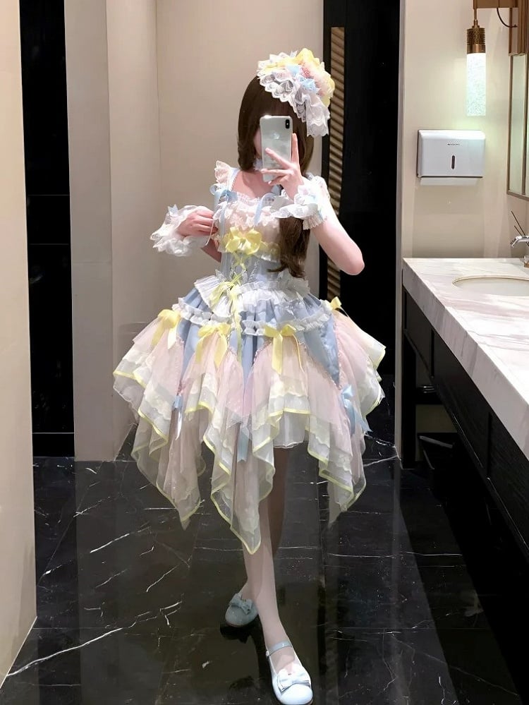[pre-order Deadline: May 8] Pink X Green/blue X Yellow Fairy Princess Lolita Tulle Lace Bow Layered Dress