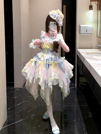[pre-order Deadline: May 8] Pink X Green/blue X Yellow Fairy Princess Lolita Tulle Lace Bow Layered Dress