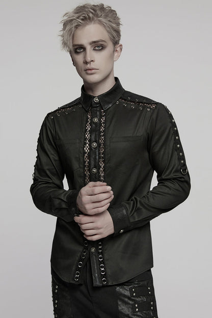 Black Lapel Collar Long Sleeves Stitching Pin Mesh Punk Blouse
