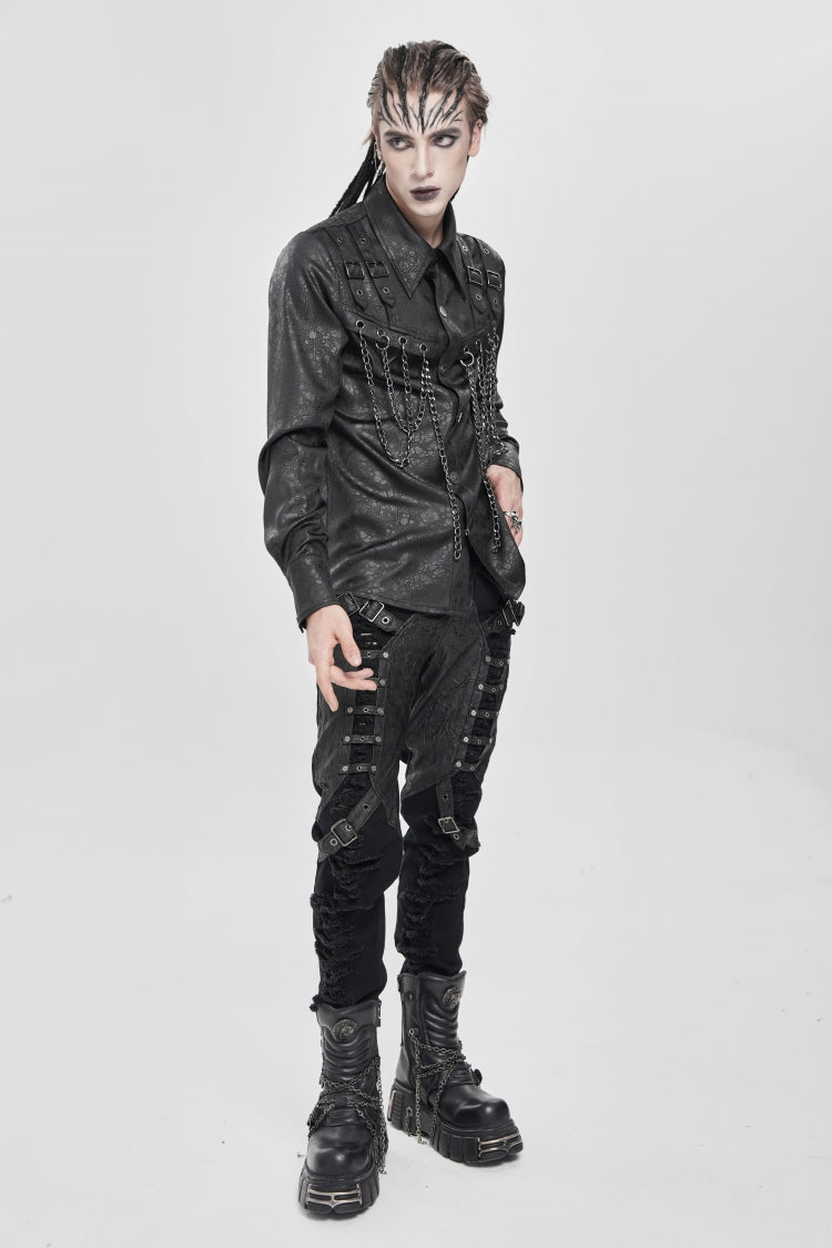 Black Lapel Collar Long Sleeves Buckled Strappy Chain-decorated Punk Shirt
