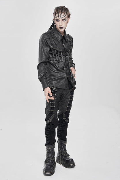 Black Lapel Collar Long Sleeves Buckled Strappy Chain-decorated Punk Shirt
