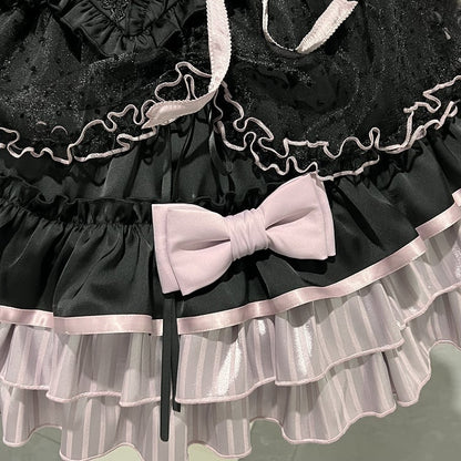 [order Deadline: May 12] Black Purple Lolita Idol Ribbon Puff Sleeve Shirt + Corset Tulle Pull-up Jks Dress Set