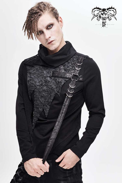Black Worn Out Cross Shaped Hasp High Collar Asymmetric Hem Punk T-shirt