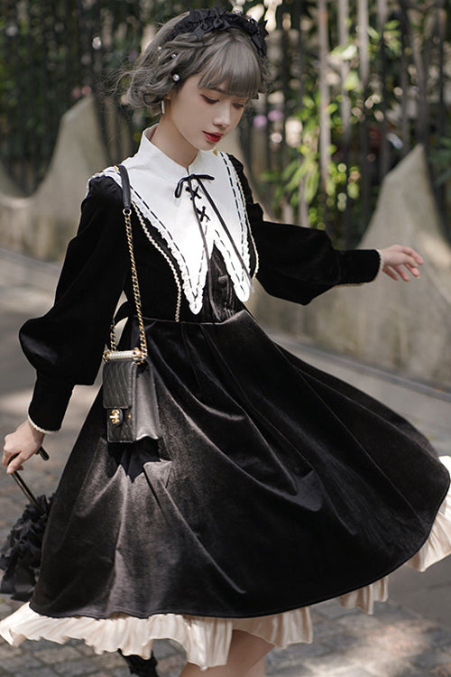 Black Velvet Fake Collar High Waist Classic Lolita Op Dress