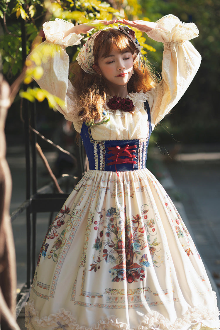 Ivory [ode to Plenty] Berries and Birds Print Ruffle Bowknot Velvet Classic Lolita Breast Support Jsk Dress