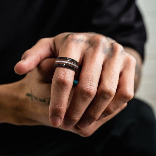 8mm Black Wooden Grain Inlay Wedding Band Ring for