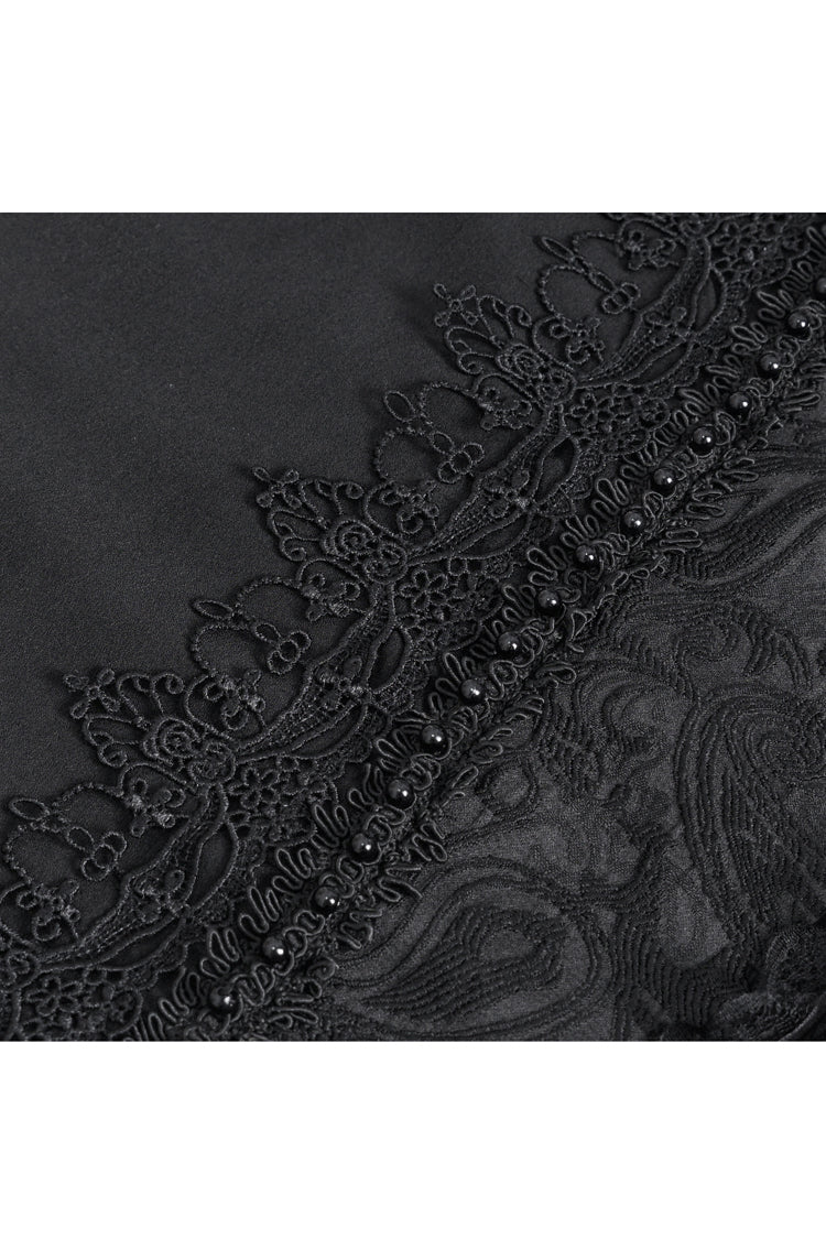 Black Lapel Collar Lantern Sleeves Jacquard Embroidery Gothic Blouse