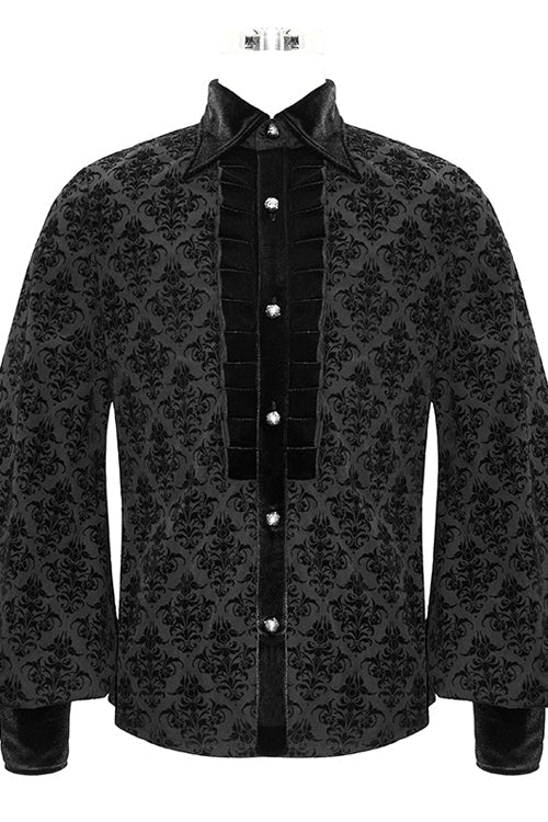 Black Court Pattern Flocking Lantern Sleeves Gothic Blouse