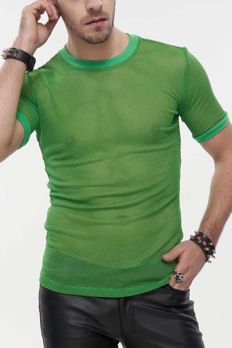 Green Gothic Crew Neck Diamond-shaped Net Hyperelastic Short Sleeve T-shirt