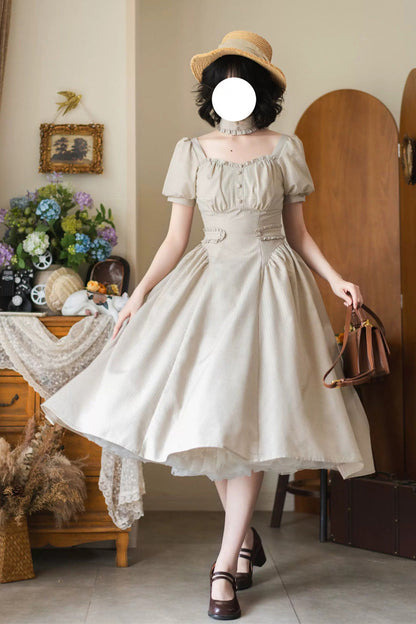 Light Khaki [chantilly Forest] Square Collar Short Sleeves Striped Printed Ruffled Classic Lolita Dress