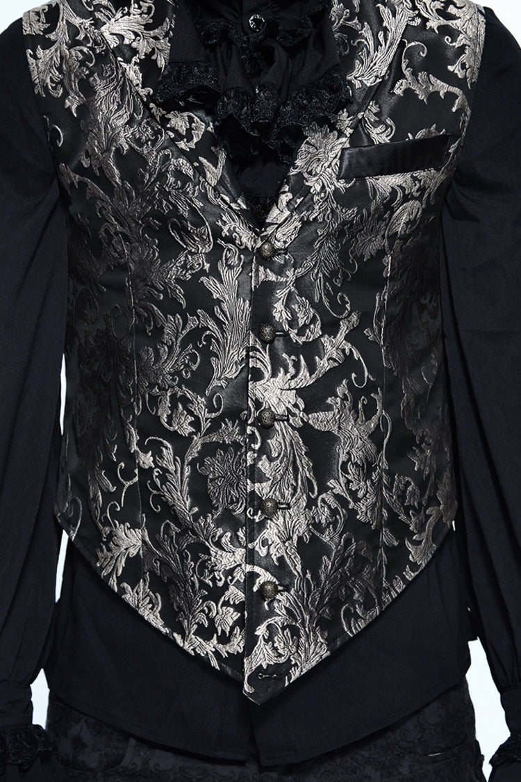 Black/silver Jacquard Printed Button Gothic Vest