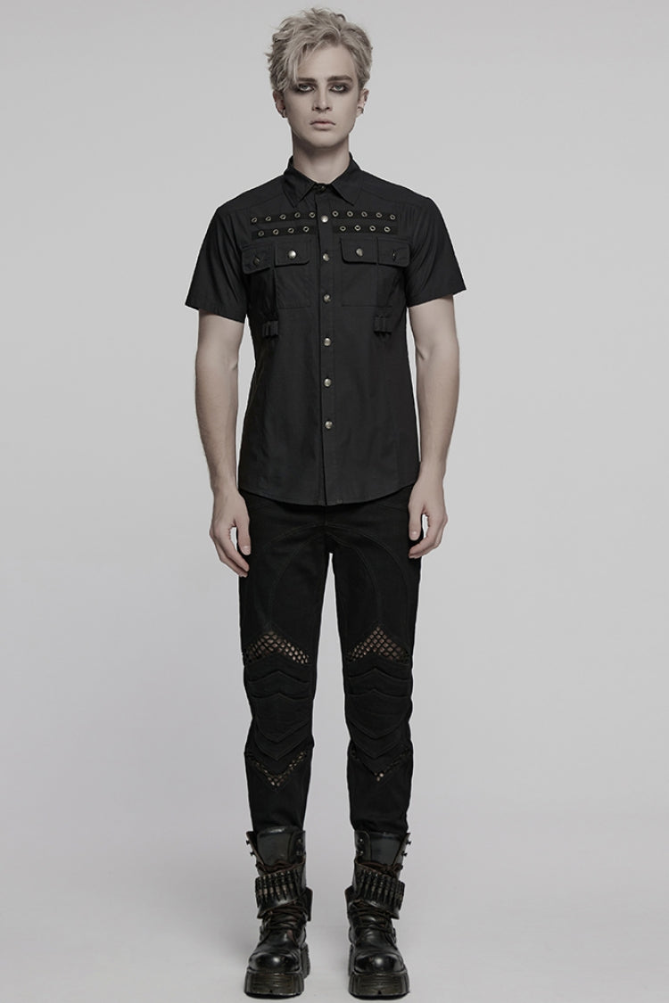 Black Lapel Collar Short Sleeves Pocket Eyelet Punk Blouse