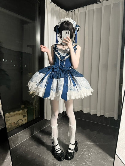 [pre-order Deadline: May 6] Dark Blue Moonlight Sea Lace Ribbon Layered Dress + Accessories