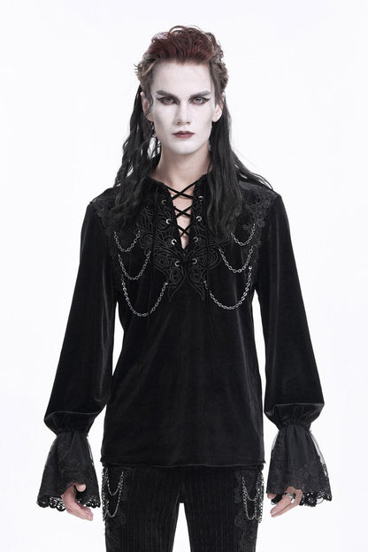 Black V Collar Long Sleeves Lace-up Chain Gothic Blouse