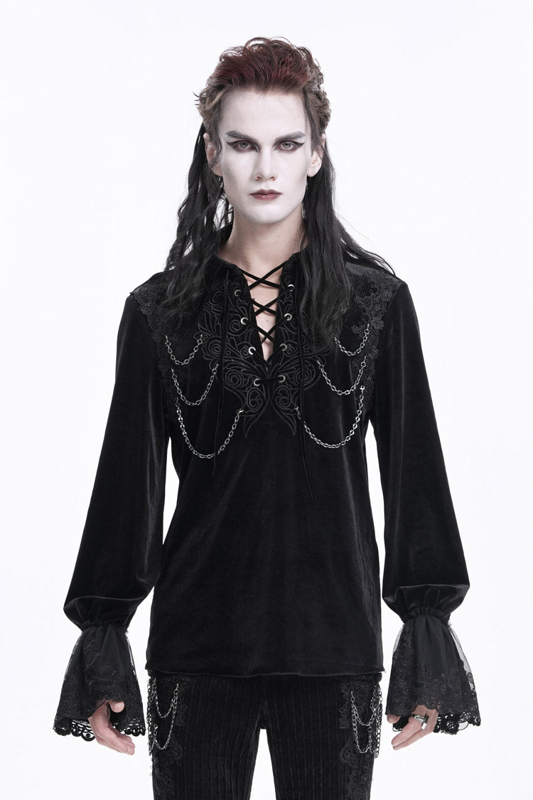 Black V Collar Long Sleeves Lace-up Chain Gothic Blouse