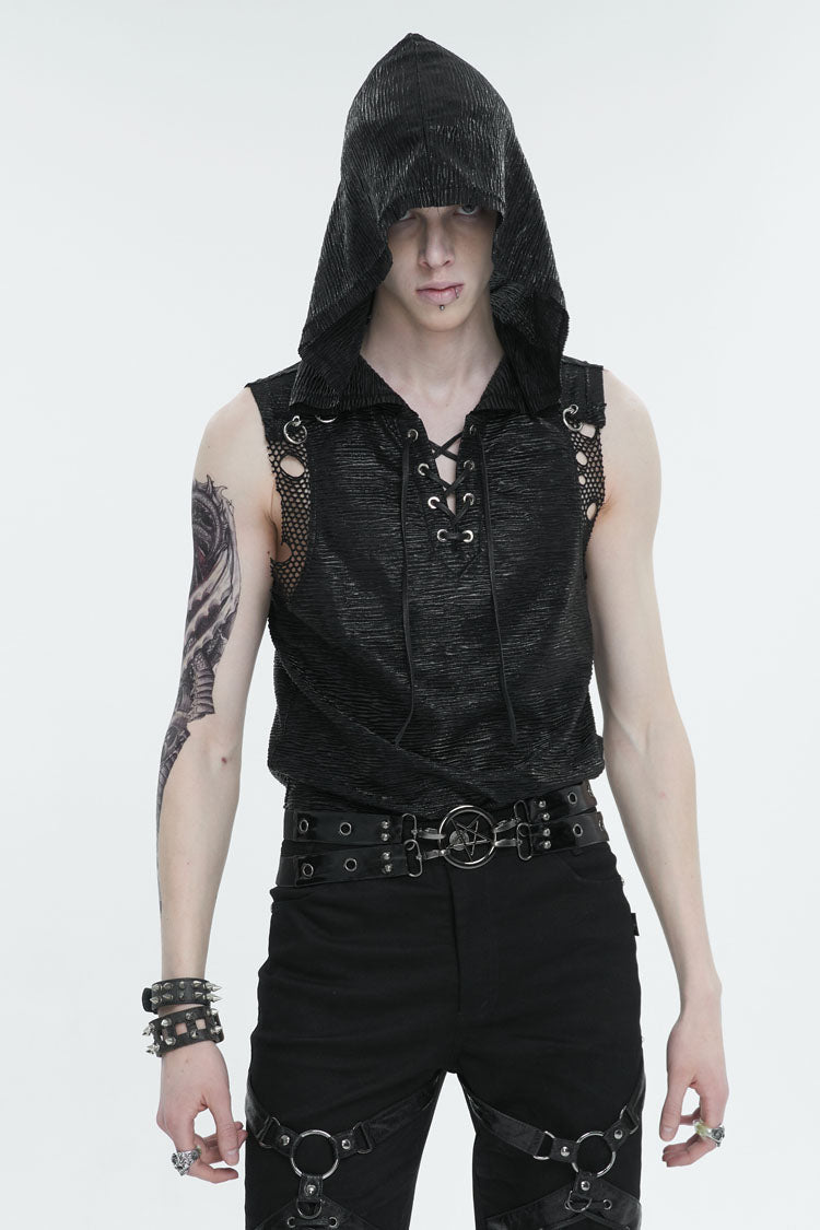 Black Strappy Mesh Splice Punk Vest With Hood