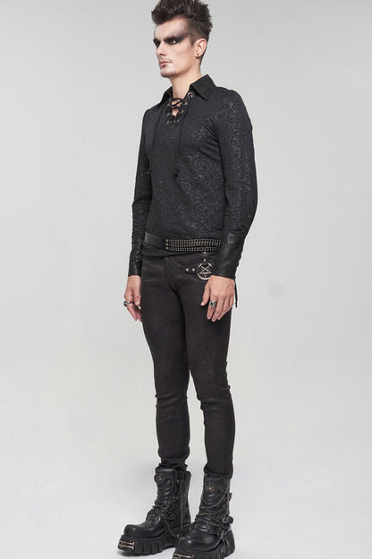 Black Gothic Pattern Decoration Tie Rope Design Knitted Elasticity Pullover Shirt