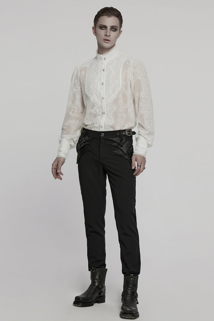 White Stand Collar Chiffon Long Sleeves Hollow Embroidery Gothic Blouse