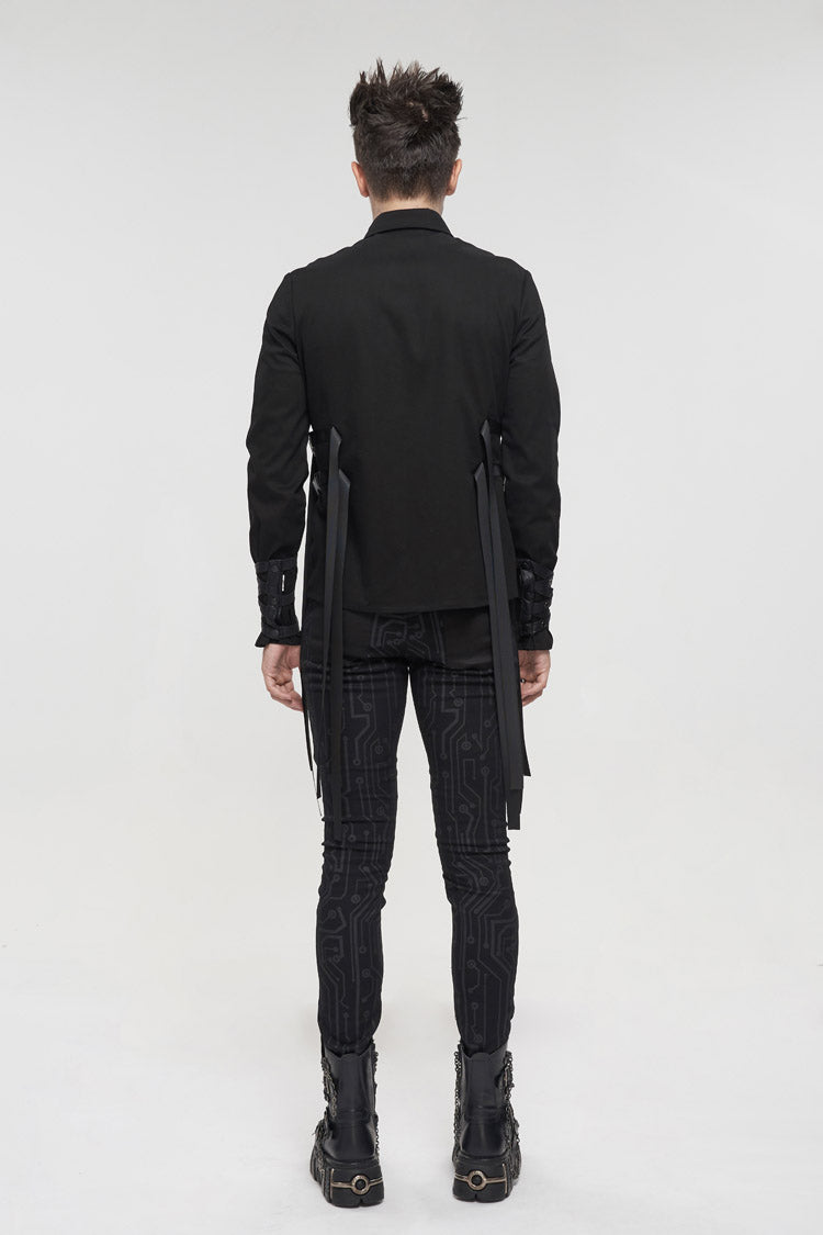 Black Nylon Strap Metal Buckle Decoration Long Sleeve Elasticity Punk Shirt