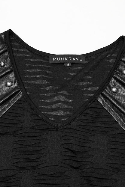 Black Short Sleeves Jacquard Faux Leather Stitching Ripped Rivet Punk T-shirt