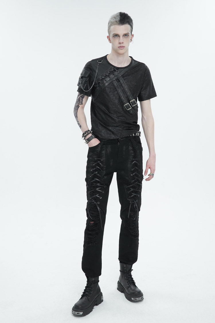 Black Print Buckle Splice Faux Leather Punk T-shirt