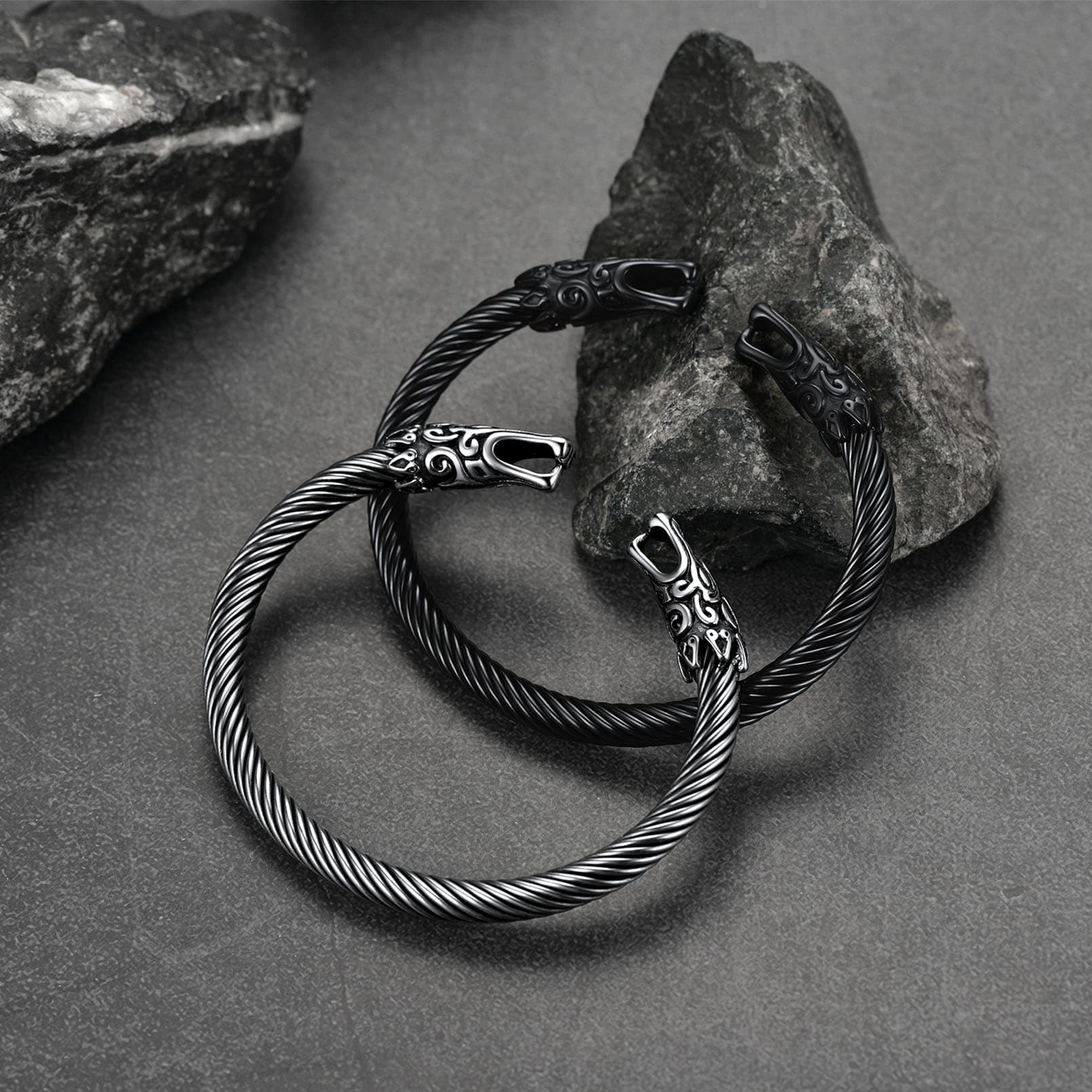 Viking Bracelet Norse Wolf Heads Cuff Bangle for