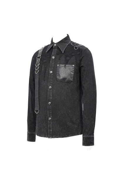 Black Asymmetric Left Shoulder Loop Mesh Rivet Snap Button Punk Shirt