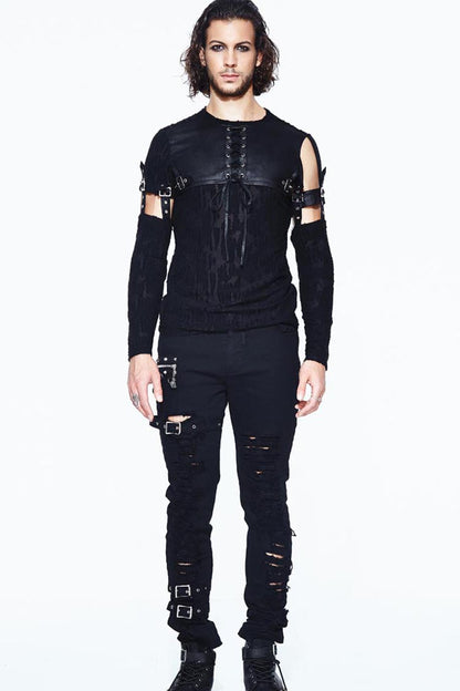 Black Leather Loop Sleeve Irregular Jacquard Knitted Chest Lace Up Removable Punk Shirt