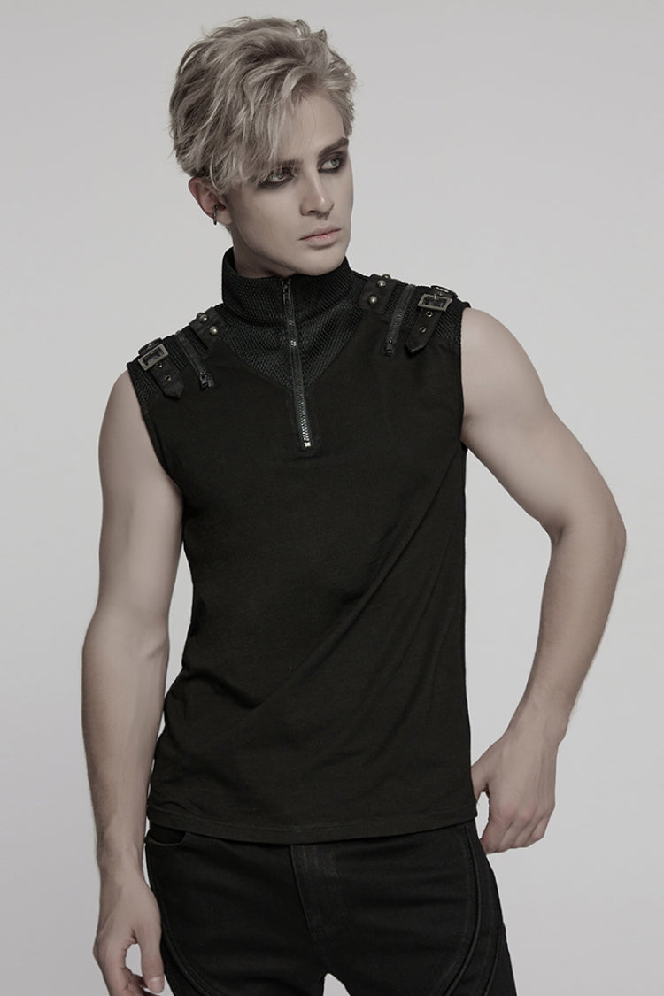 Black Stand Collar Sleeveless Stitching Mesh Zipper Punk Vest