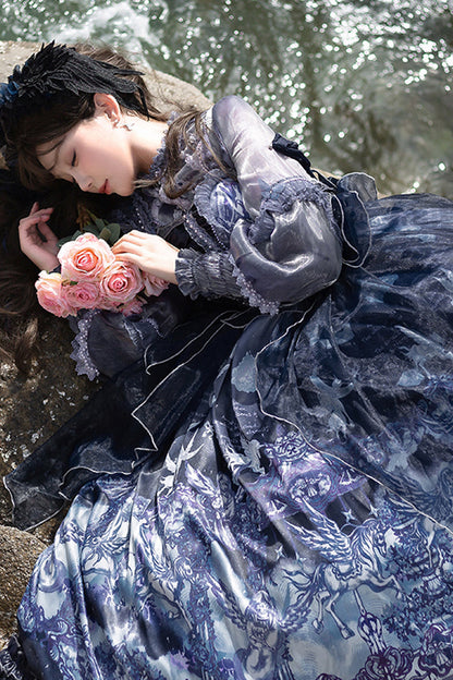 Blue [angel Garden] Print Ruffle Bowknot Asymmetric Classic Lolita Jsk Dress